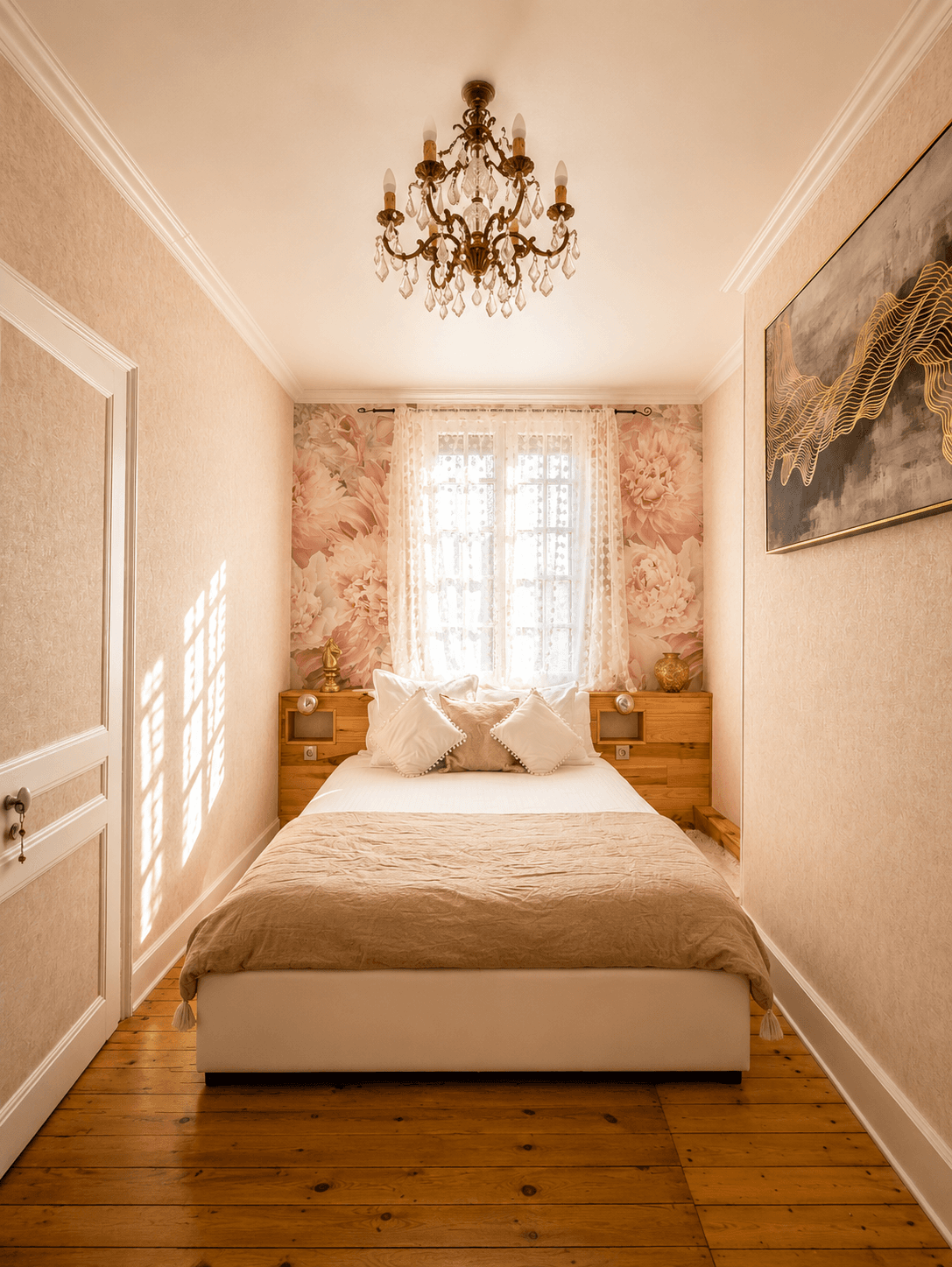 Petite chambre au papier peint fleuri, lustre et lumière naturelle