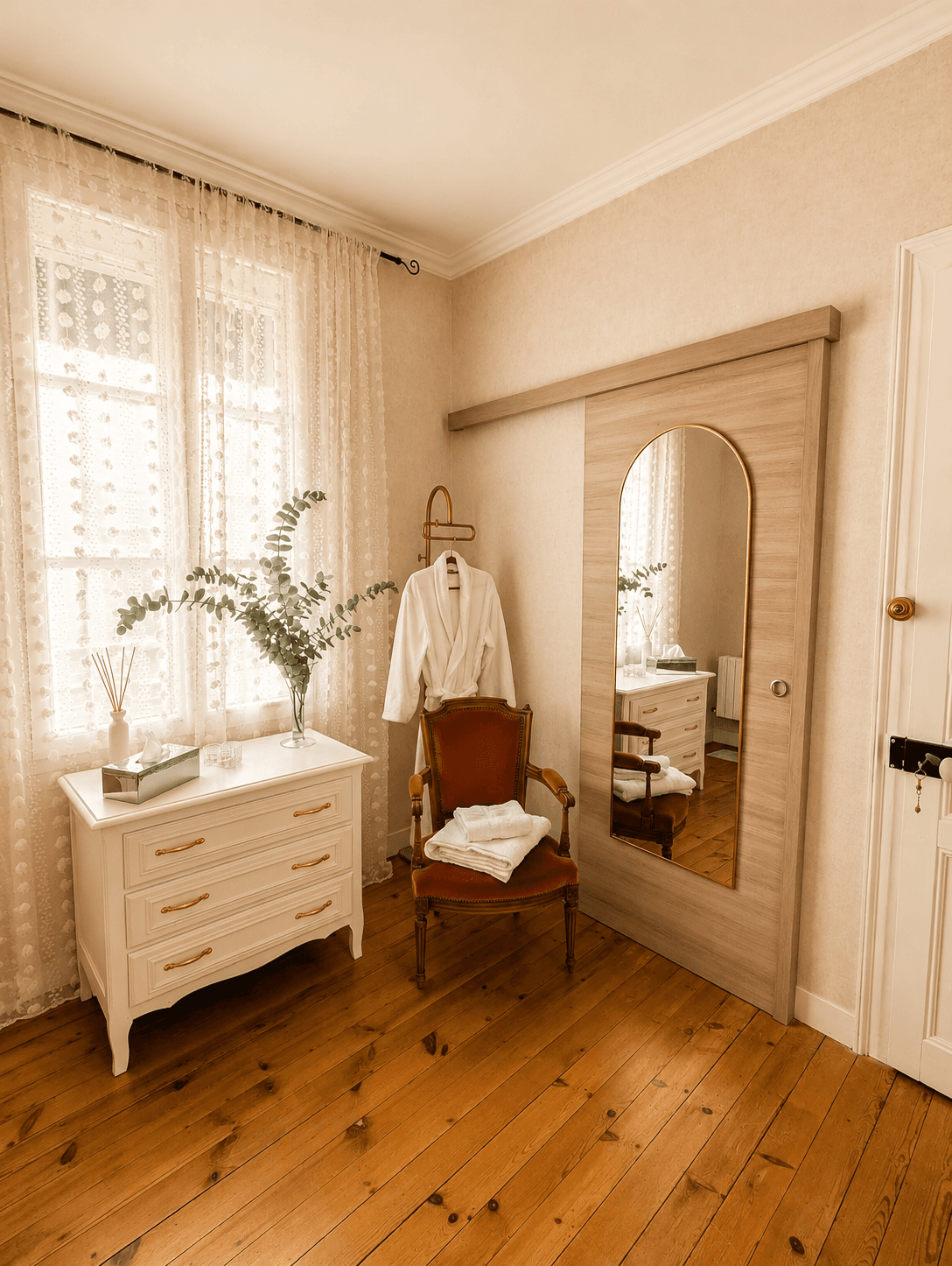Coin dressing d’une chambre, miroir, mobilier de bois clair et rideaux de dentelle