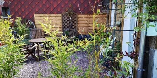 Coin de jardin avec banc de bois, plantes et clôture